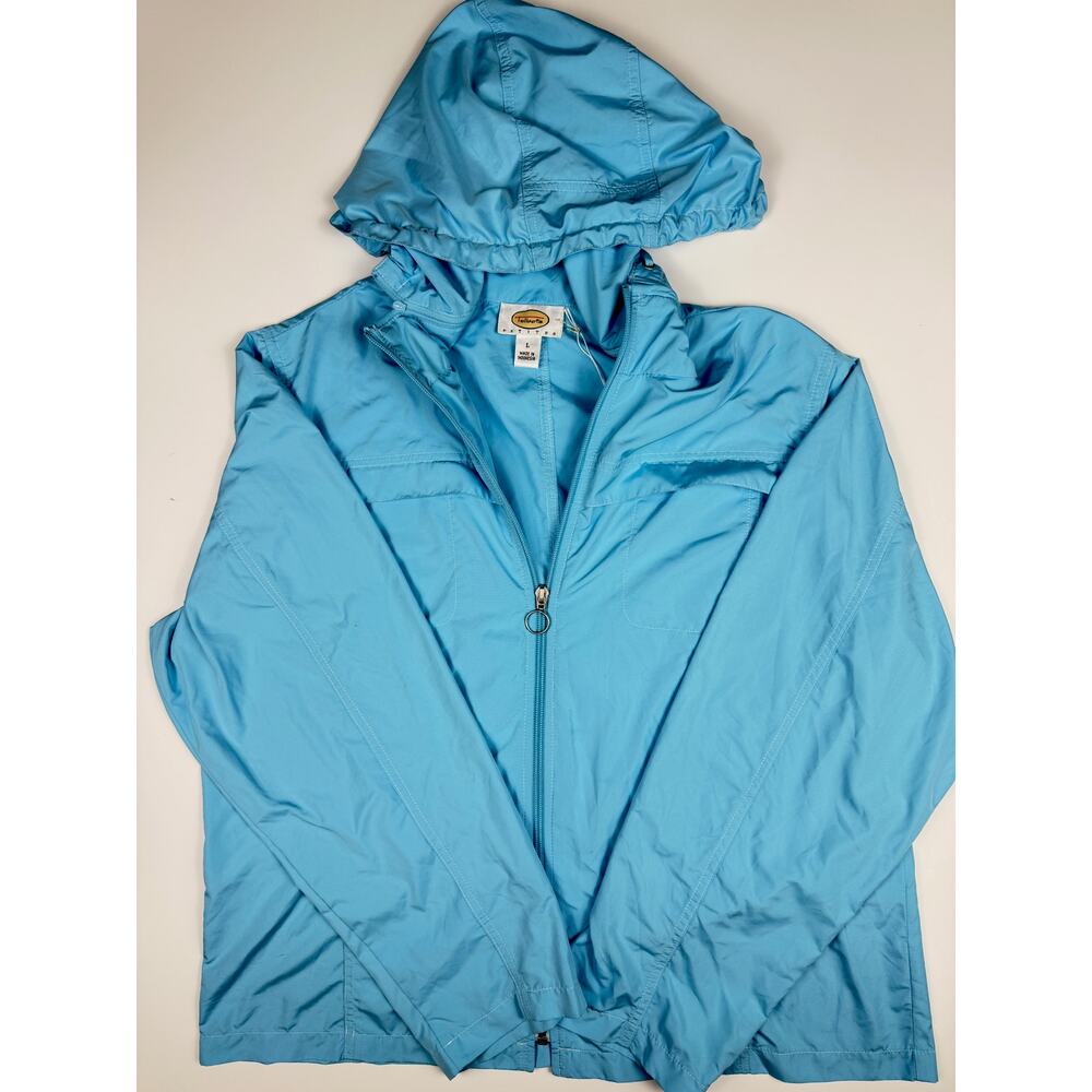 Talbots Petites Womens Large Blue Hooded Lightweight Zip Windbreaker Jacket